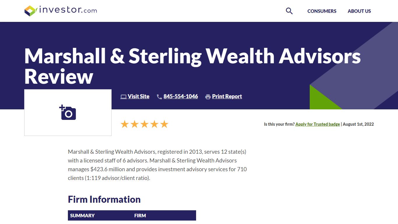 Marshall & Sterling Wealth Advisors Review 2022 | investor.com